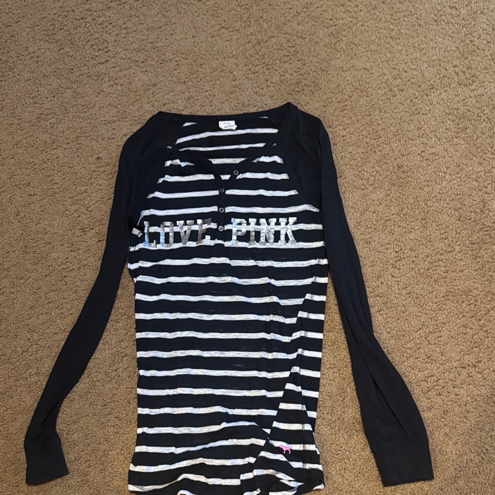 VS Pink Striped Long Sleeve Henley Top